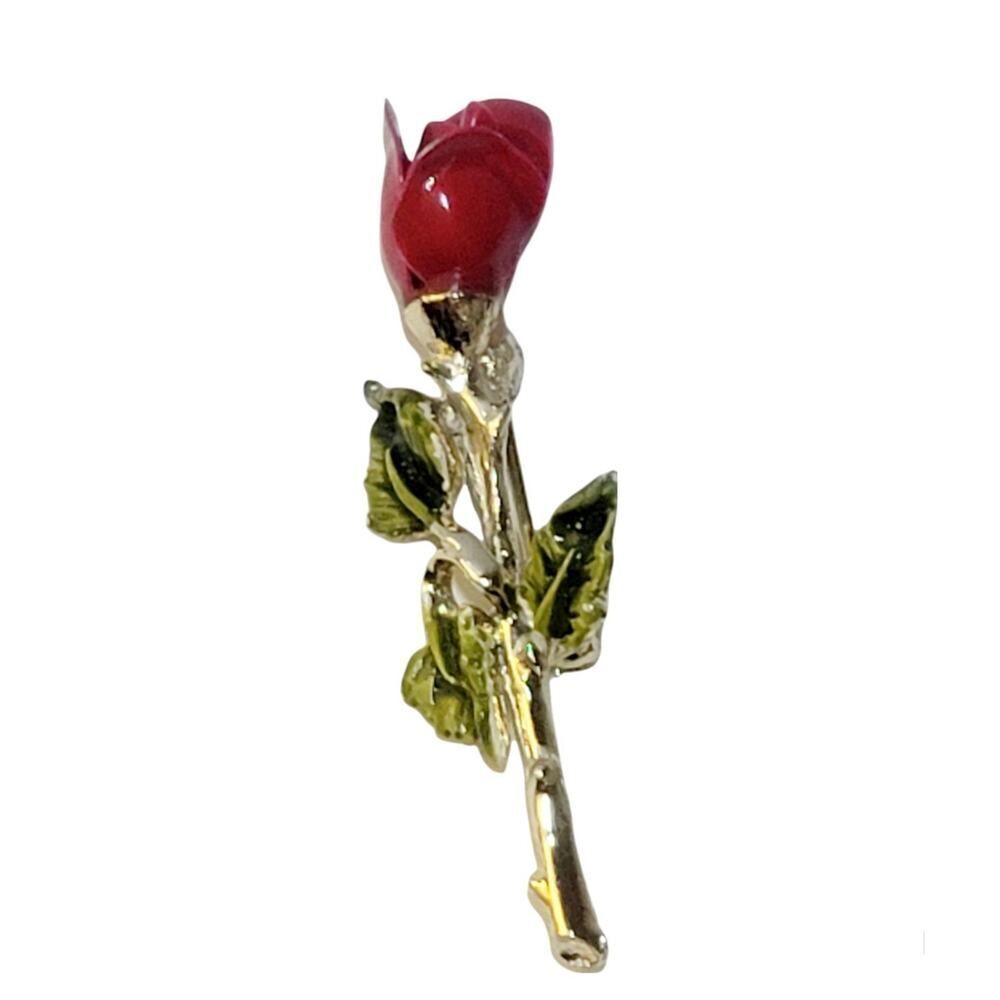 Gorgeous Vintage 2" Long Stem Red Rose‎ Brooch Pin